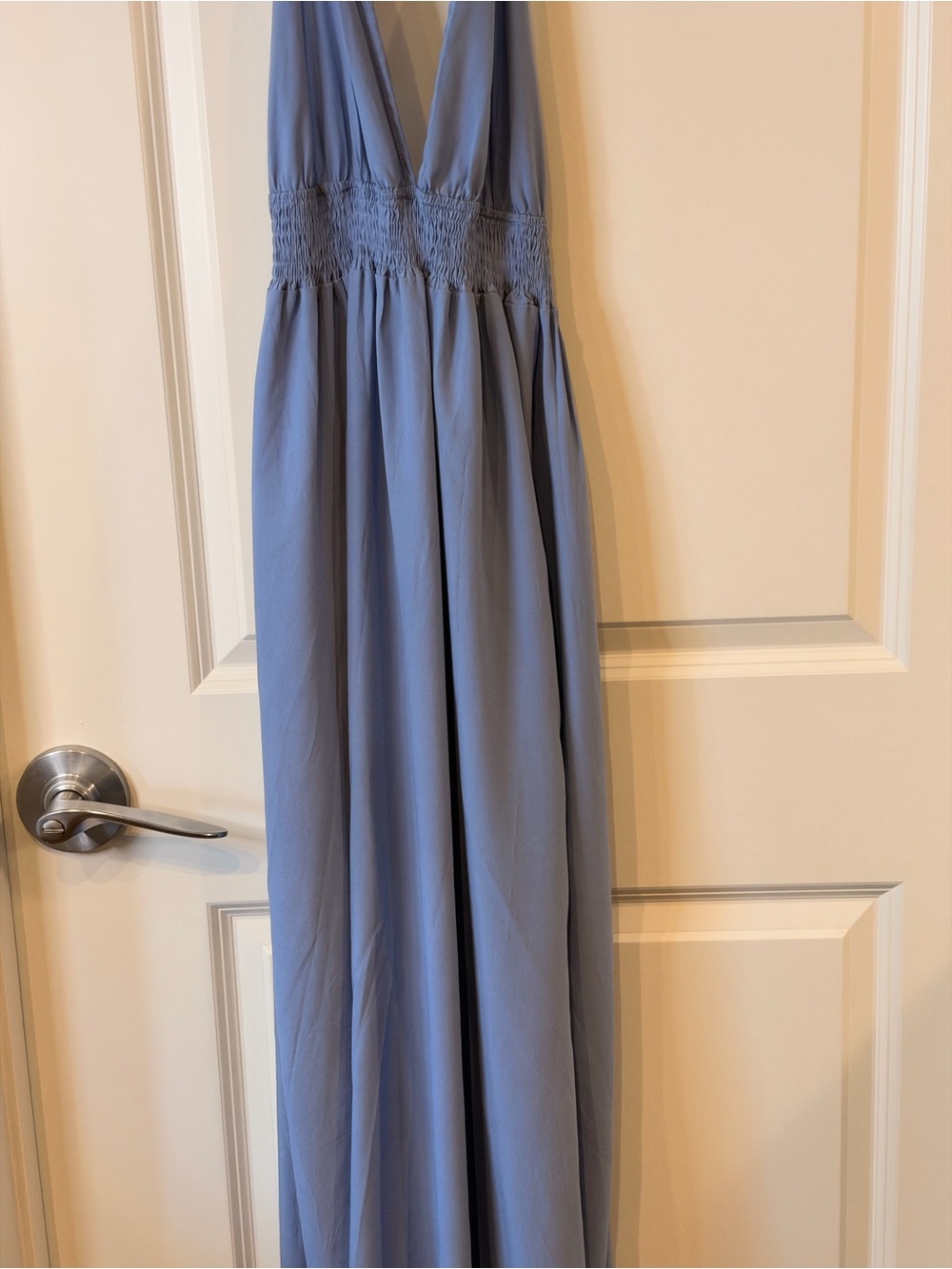 Dusty Blue Halter Maxi Dress with Smocked Waist & High Slit Size Medium
